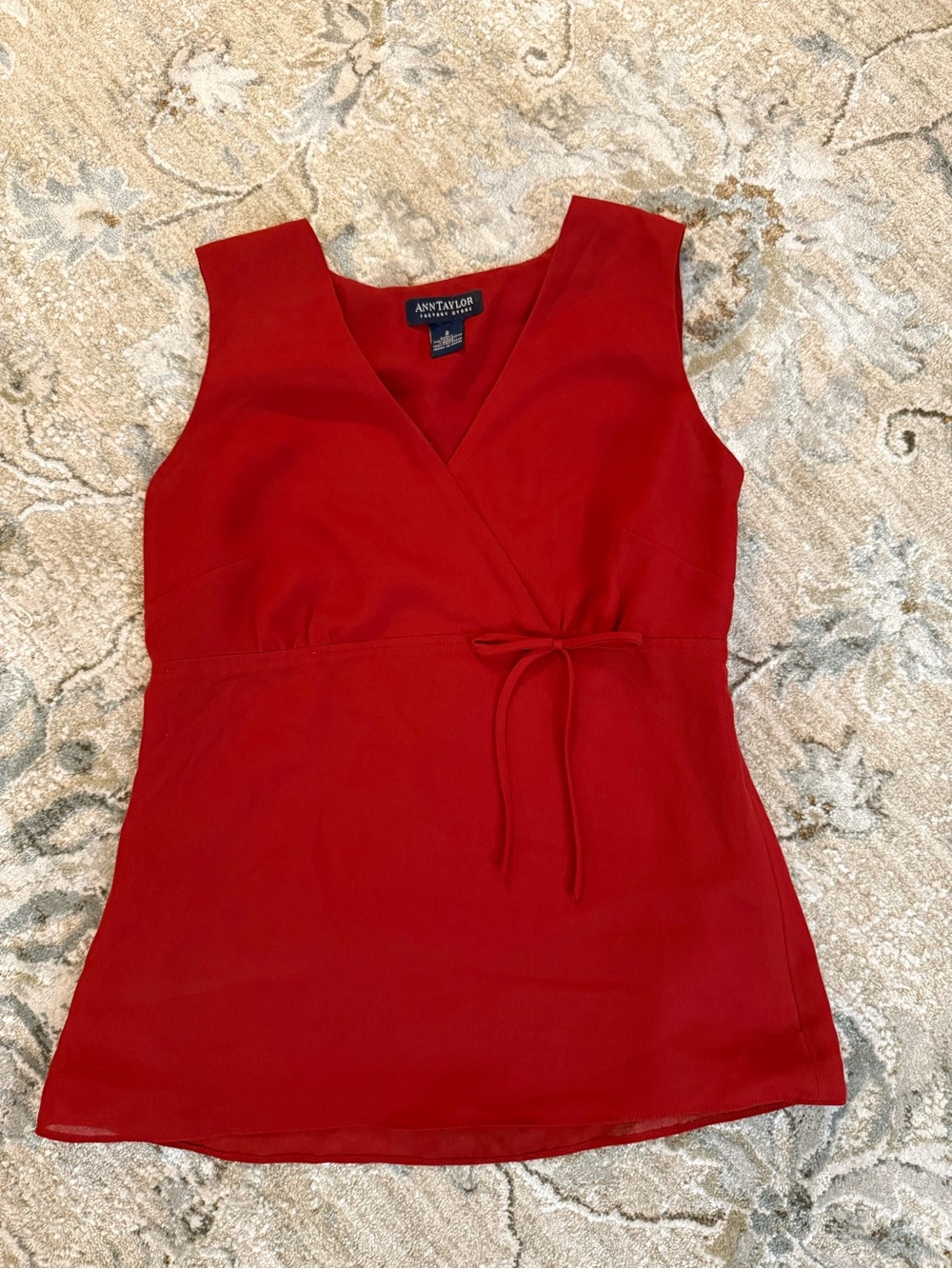 Ann Taylor Red Sleeveless Wrap-Front Shell with Waist Tie